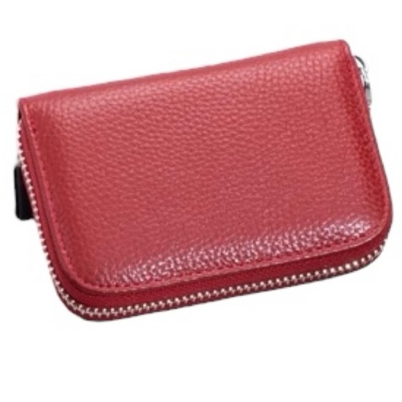 Red RFID Blocking Wallet Zip Around Credit Card Holder Case Small Leather - Picture 1 of 11
